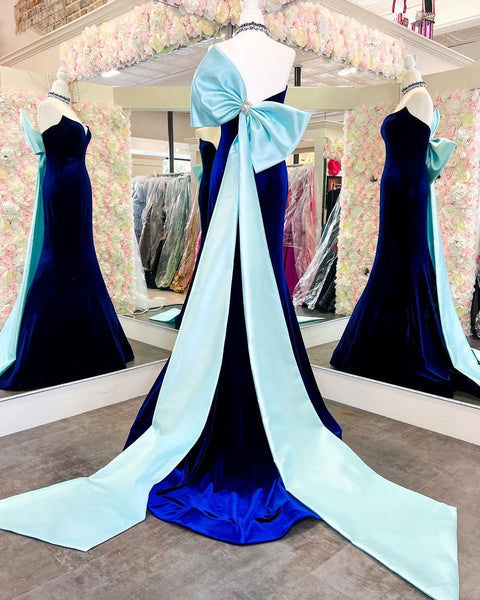 Cute Mermaid V Neck Royal Blue Velvet Long Prom Dresses with Bow VK112303