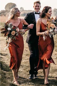 Boho Cowl Neck Tea-length Sheath Straps Rust Bridesmaid Dress VK0321009