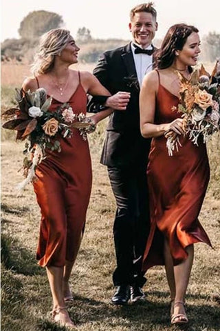 Boho Cowl Neck Tea-length Sheath Straps Rust Bridesmaid Dress VK0321009