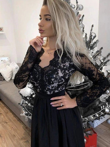 Long Sleeves V Neck Black Lace Long Prom Dresses with High Slit, Long Sleeve Black Lace Formal Graduation Evening Dresses VK0801004