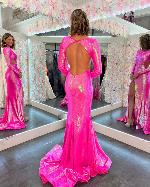 Sparkly Mermaid V Neck Hot Pink Sequins Pom Dresses with Long Sleevs VK23010902