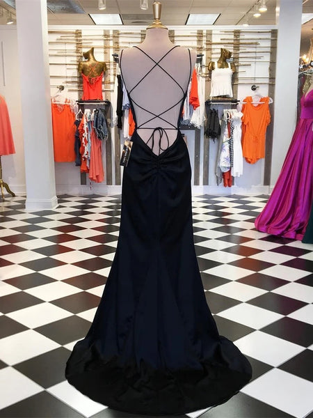 Simple Sheath Scoop Neck Cross Back Black Satin Long Prom Dresses VK0112031