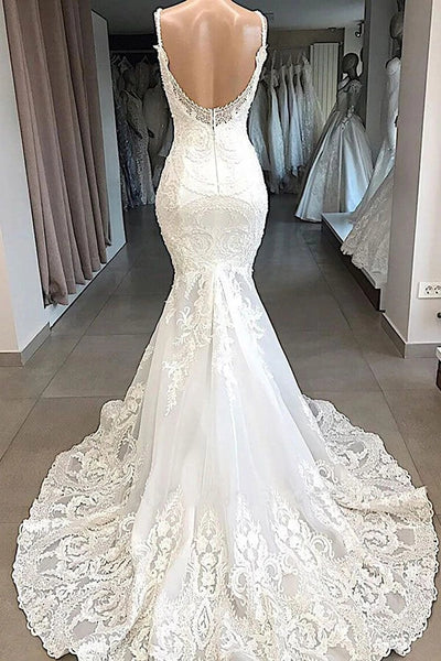 Charming Spaghetti Straps Lace Appliques Tulle Mermaid Wedding Dresses VK0129003