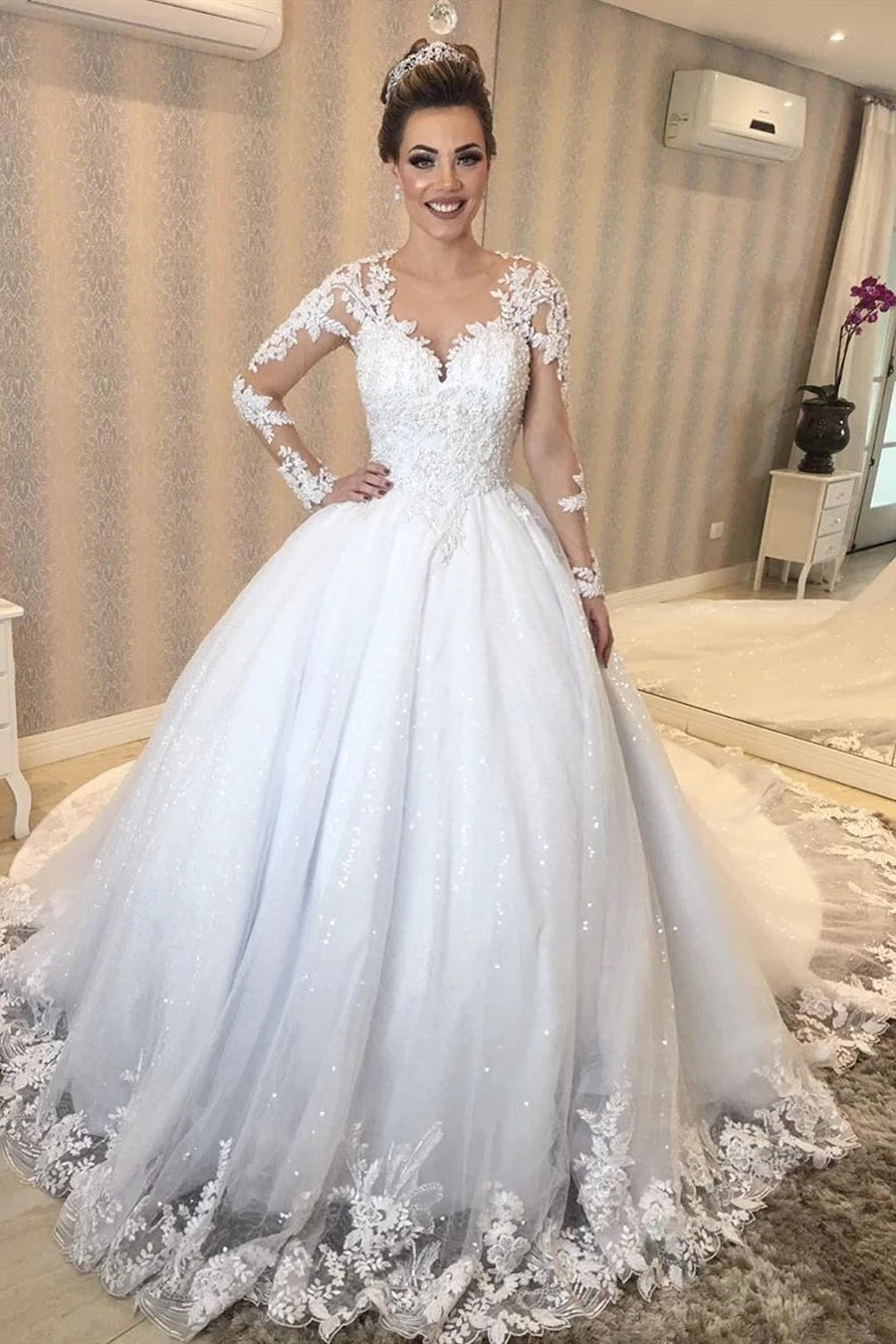 Free Shipping Princess Long Sleeves Sheer Back White Wedding Dress with Lace  VK0318008 – Vickidress