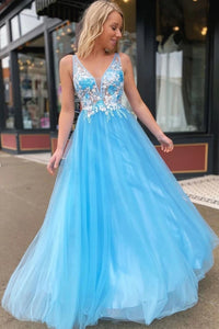 Chic A-Line V Neck Cross Back Blue Tulle Long Prom Evening Dresses with Appliques VK0125008