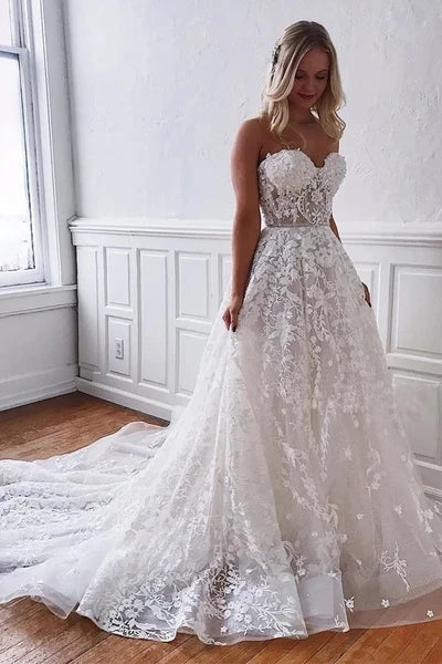 Ball Gown Strapless Sweetheart Lace Appliques Tulle Wedding Dresses, Bridal Dresses VK0129005