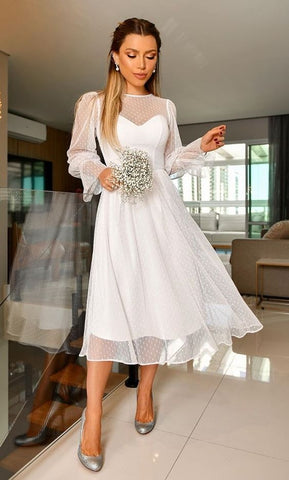 Elegant A-Line Long Sleeve Tea Length Wedding Guest Dresses Evening Party Dresses VK0826001