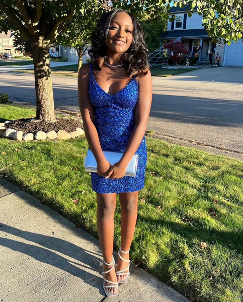 Cute Bodycon V Neck Royal Blue Spakrly Homecoming Dresses VK121301
