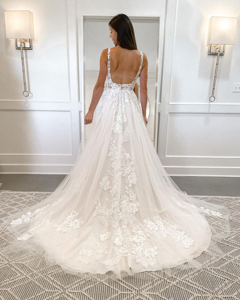 Fairy A Line Square Neck Tulle Wedding Dresses with Lace VK120608