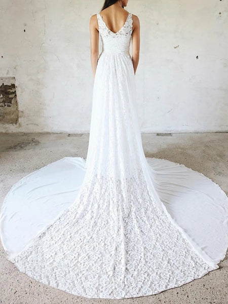 A-Line Wedding Dresses V Neck Court Train Chiffon Lace Spaghetti Strap Simple Plus Size Bridal Dress VK0330001
