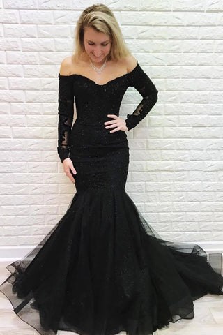 Charming Mermaid Off the Shoulder Long Sleeve Black Lace Prom Evening Dresses with Beading VK0326004