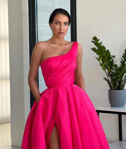 Charming A Line One Shoulder Red Sequins Long Prom Dresses with Slit VK103103