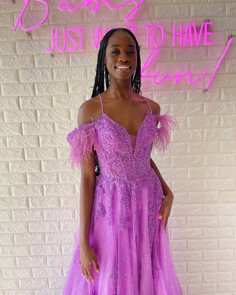 Cute A Line V Neck Pink Tulle Prom Dresses with Appliques VK3010303