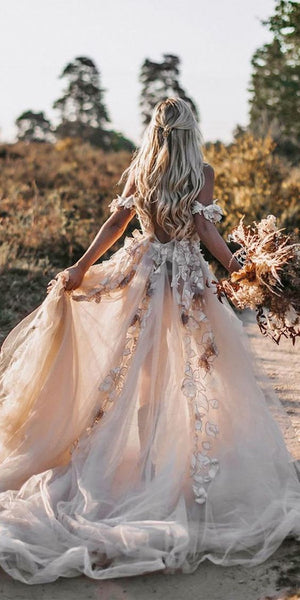 Fairy A Line Off the Shoulder Blush Pink Tulle Wedding Dress Spring Bridal Dress VK0901