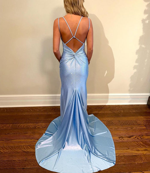 Cute Mermaid V Neck Light Blue Satin Prom Dresses with Beading VK121604