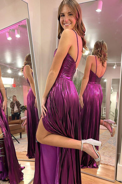 Magenta Spaghetti Straps Pleated A-Line Long Prom Dresses VK24011504