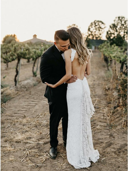 Mermaid Split Open Back Lace Sweep Train Wedding Dress VK0112002