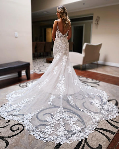 Elegant Mermaid V Neck Lace Wedding Dresses with Train VK082206
