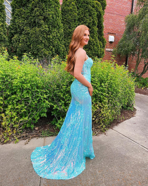 Cute Mermaid Straps Blue Sequins Long Prom Dresses with Lace VK112503
