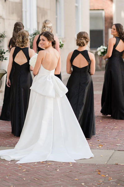Simple A-Line Round Neck Black Satin Long Bridesmaid Dresses VK23112504