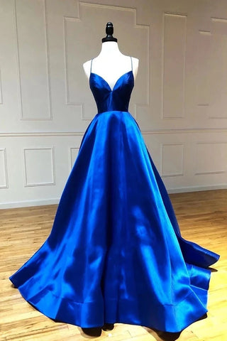 Simple A Line Satin Spaghetti Straps Royal Blue Long V Neck Prom Dresses VK0127010