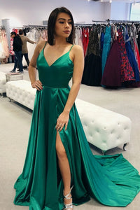 Free Shipping Simple Satin Evening Dresses Spaghetti Straps V Neck A-line Prom Dress VK0119023