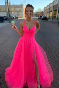 Modest Tulle V Neck Spaghetti Straps Pink Long Prom Dresses with Slit  VK0127003