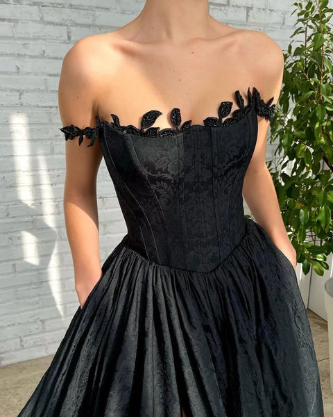 Cute A Line Strapless Black Satin Prom Dresses with Slit VK122005