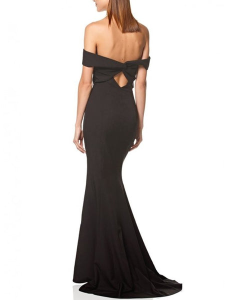 Mermaid Off-the-Shoulder Open Back Black Satin Ruched Long Prom Evening Dress VK0301005