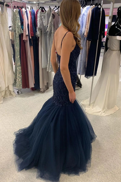 Mermaid Dark Navy Lace Applique Long Tulle Prom Dress Charming Evening Dress VK0305004