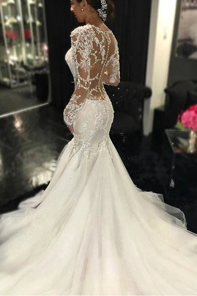 Gorgeous Long Sleeves Mermaid V-neck Wedding Gown,Ivory Bridal Dress With Lace Appliques VK0302007