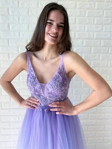 Beaded Tulle Prom Dresses A-line Appliqued Evening Gowns VK0111010
