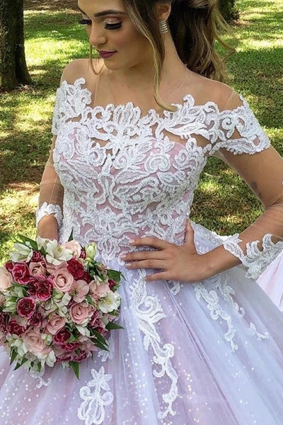 Ball Gown Long Sleeves Pink Tulle Lace Wedding Dresses,Sparkly Bridal Gown VK0318013