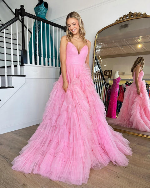 Cute A Line V Neck Pink Tulle Long Prom Dresses VK23020103
