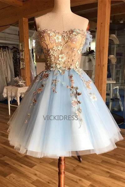 A Line Light Blue Tulle Homecoming Prom Dress with Appliques VK0101012