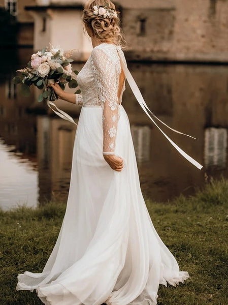 Modest Chiffon V-Neck A-line Backless Wedding Dresses Country With Long Sleeves Gowns VK0208001