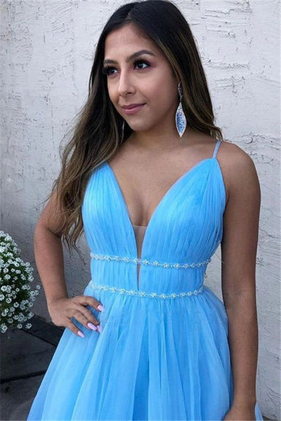 A Line Sky Blue Spaghetti Straps V Neck Tulle Prom Dresses, Cheap Evening Dresses VK0128006