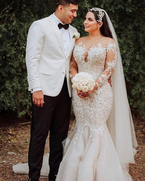 Stunning Mermaid Round Neck Long Sleeve Tulle Lace Wedding Dresses VK210427001