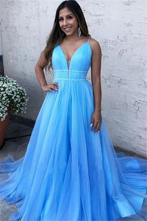 A Line Sky Blue Spaghetti Straps V Neck Tulle Prom Dresses, Cheap Evening Dresses VK0128006