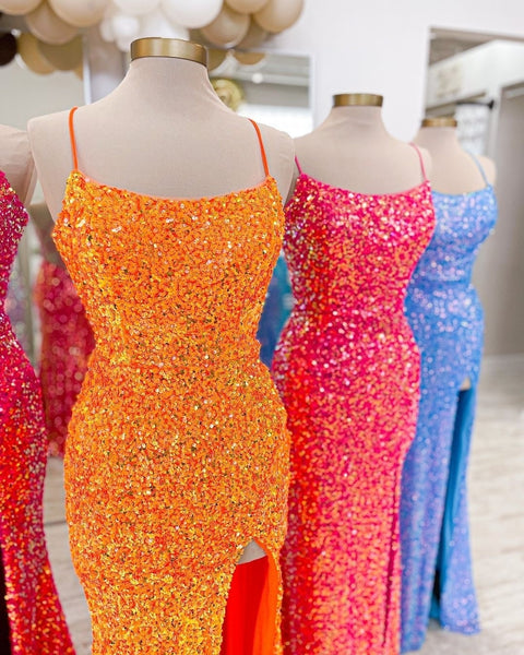 Sparkly Mermaid Scoop Neck Sequins Prom Dresses with Slit VK120702