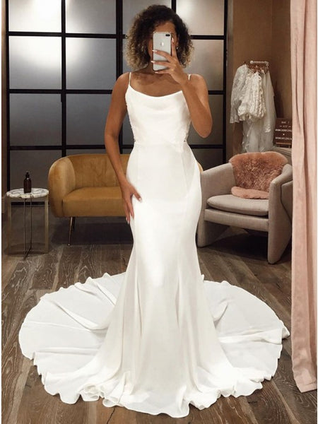 Whtie Mermaid Satin Sleeveless Wedding Dress With Sweep Train VK0701021