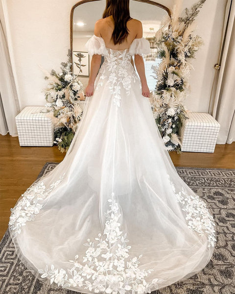 Cute A Line Sweetheart Tulle Wedding Dresses with Lace VK120607