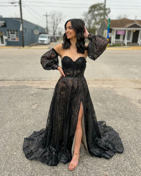 Cute A Line Sweetheart Black Sequins Long Prom Dresses VK23020704