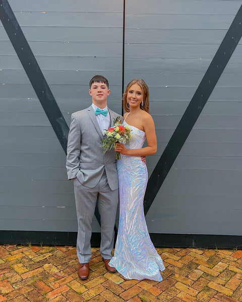 Charming Mermaid One Shoulder White Sequins Long Prom Dresses VK23020702
