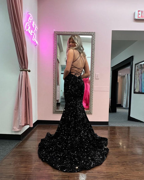 Charming Mermaid V Neck Black Velvet Sequins Long Prom Dresses VK23011505