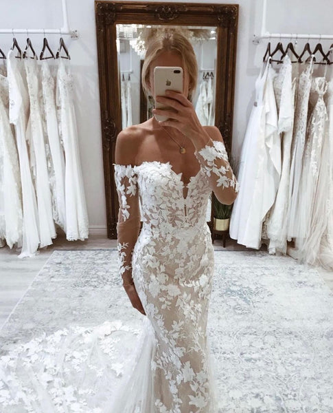 Elegant Mermaid Off the Shoulder Lace Long Sleeves Wedding Dresses VK23012702