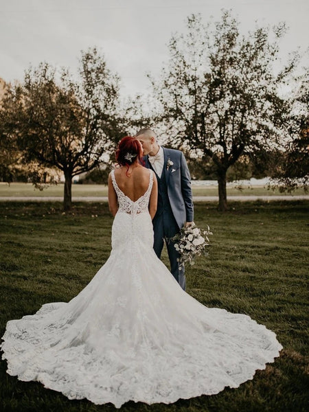 Elegant V-Neck Lace Beaded Mermaid Wedding Dress with Chapel Trian VK0308003