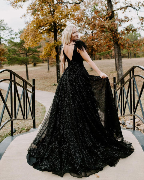 Sparkly Ball Gown Deep V Neck Black Sequins Prom Dresses VK120705