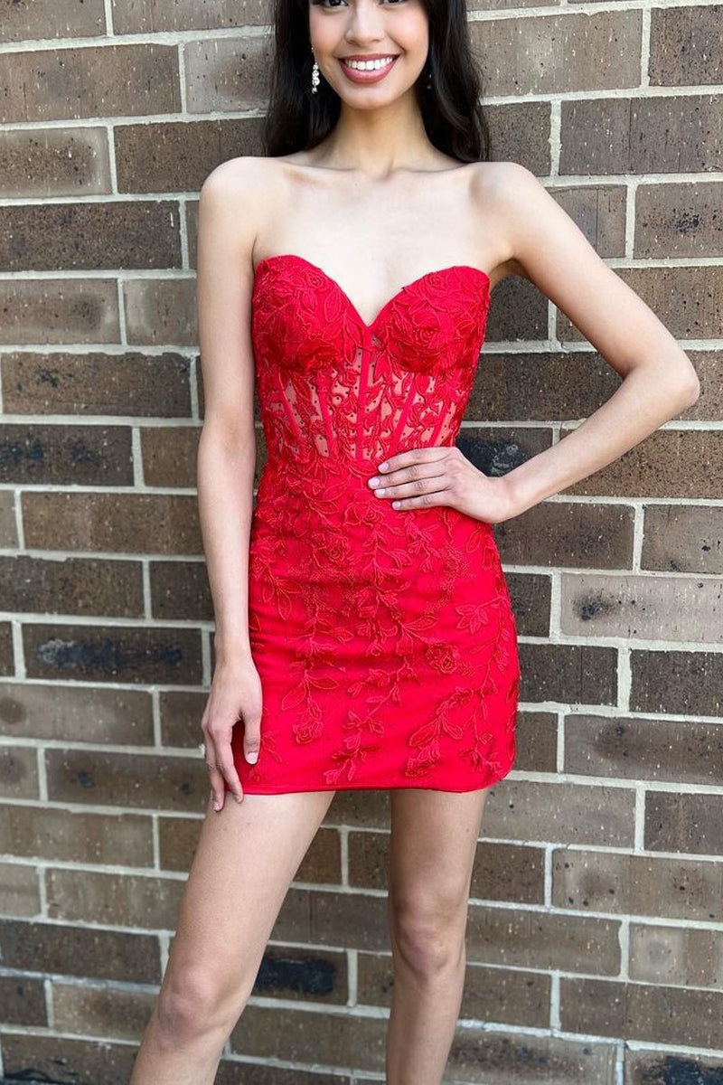 Cute Bodycon Sweetheart Red Lace Short Homecoming Dress VK23061403