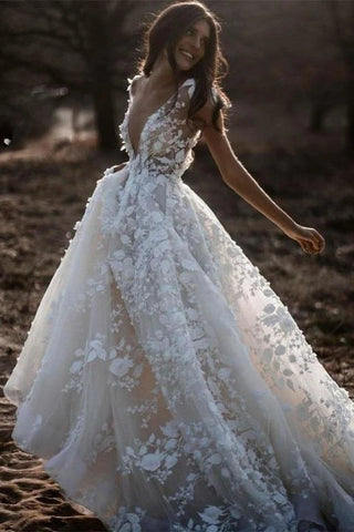 Free Shipping A Line Ivory V Neck Country Wedding Dresses with Appliques Beach Bridal Gowns VK0120024